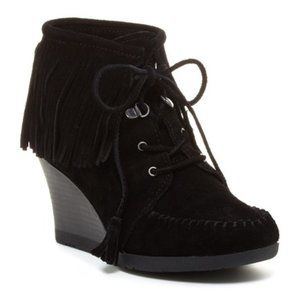 Minnetonka - Black Lace-Up Fringe Wedge Booties